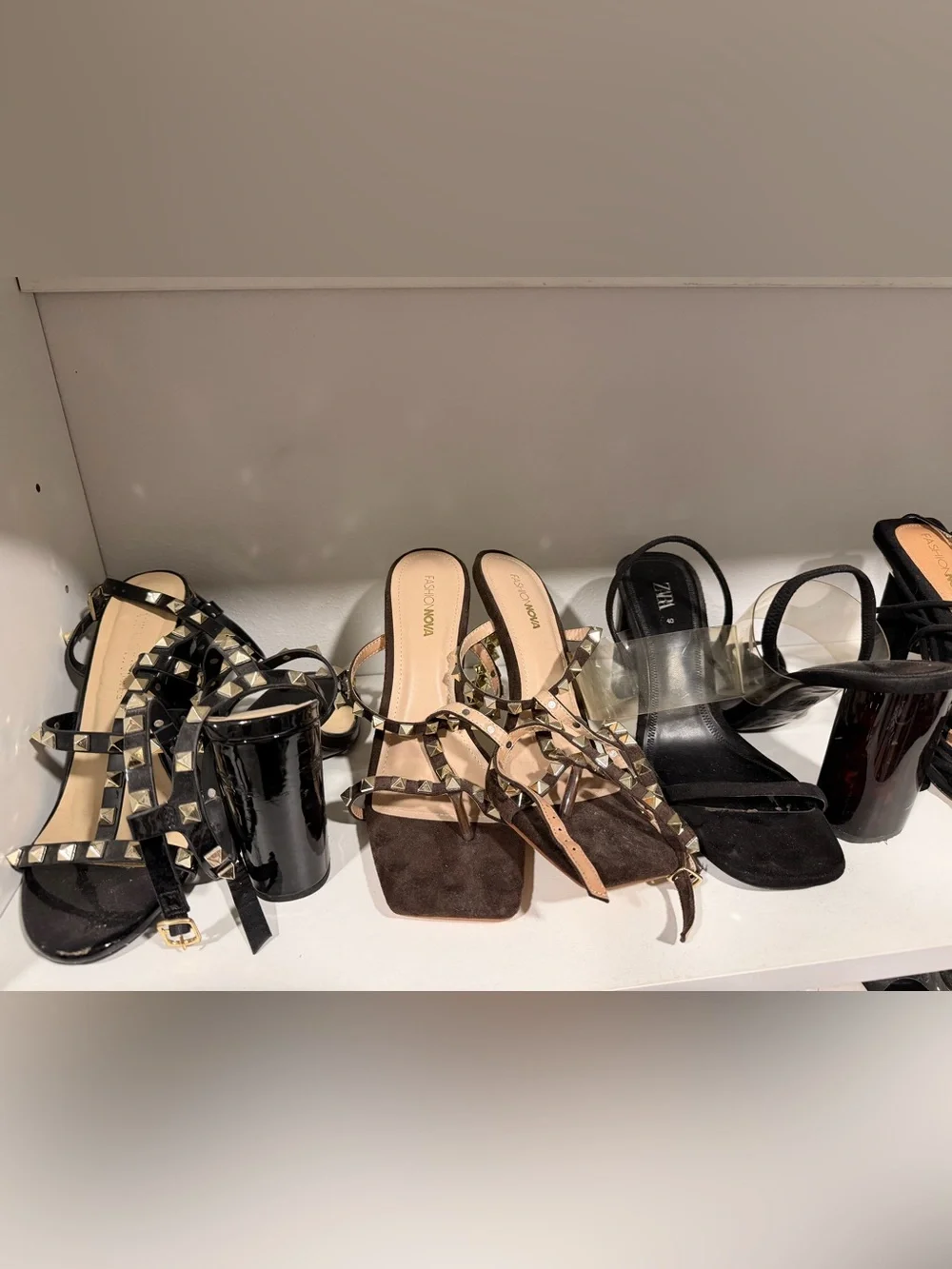 Fashion Nova Black Lace-Up Block Heels with Gold Accents